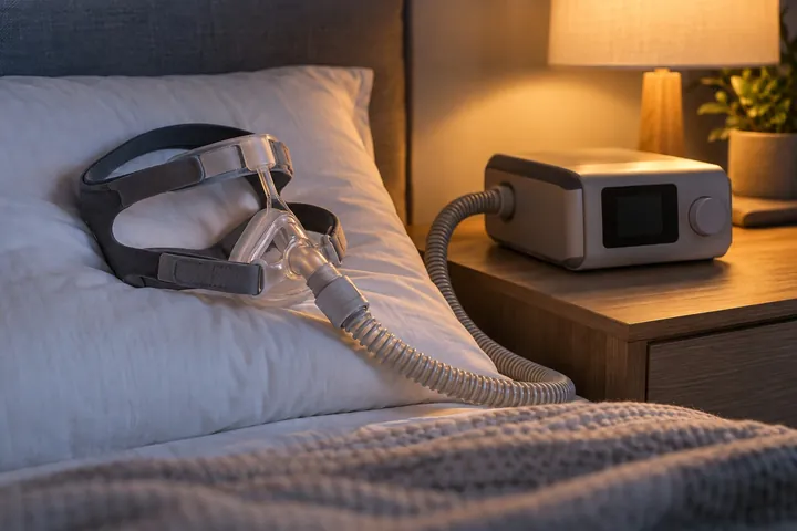 Máscara de CPAP sobre o travesseiro e o aparelho na mesa de cabeceira