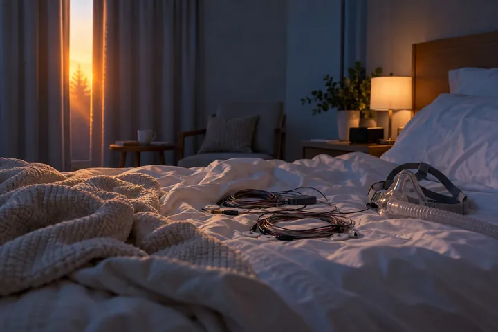 Quarto de exame do sono ao amanhecer, com sensores e máscara de CPAP sobre a cama
