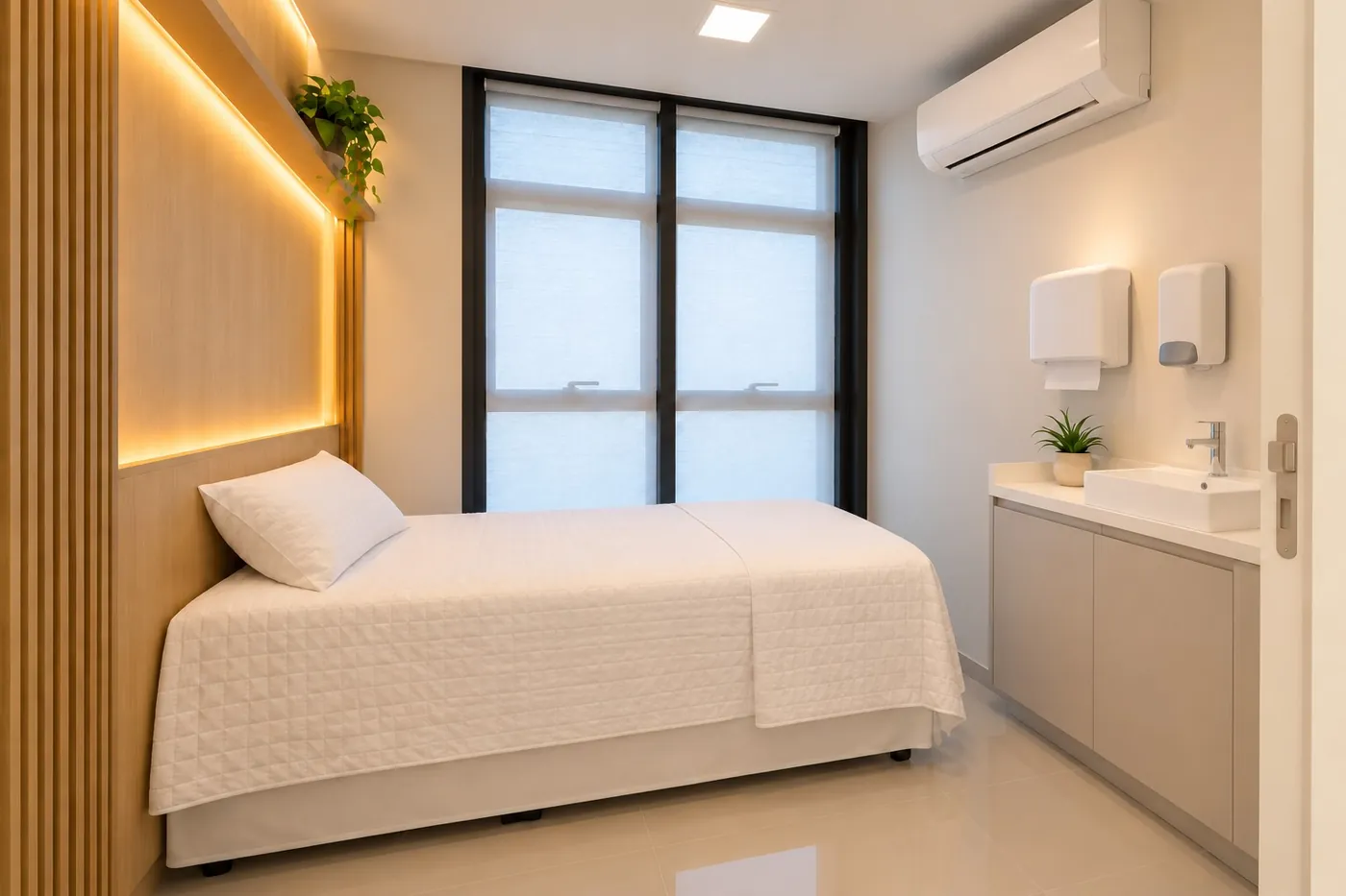 Quarto de exame do sono da unidade, com cama de solteiro, painel de madeira com luz indireta e janela ampla